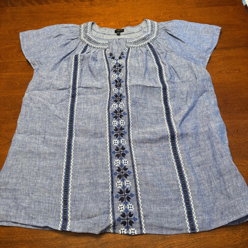 Talbots 100% linen blue embroidery split neck pullover tunic top Size 2X